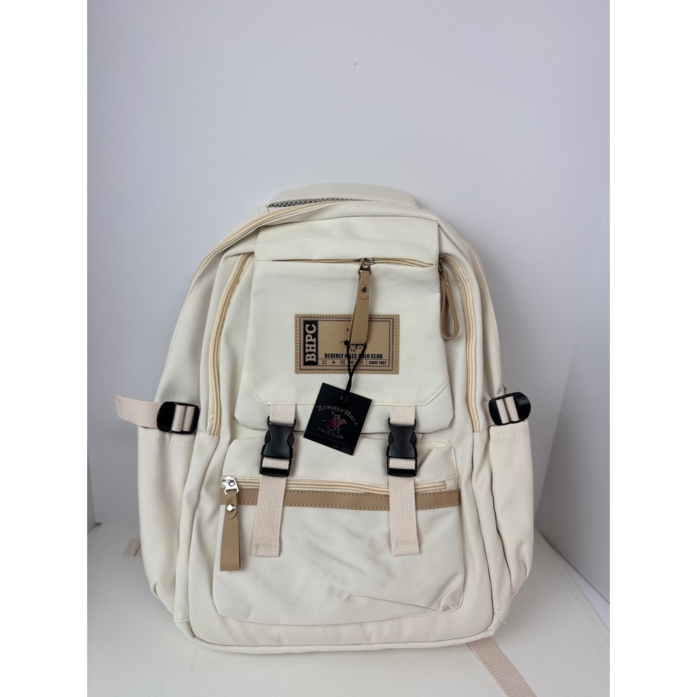 Beverly Hills Polo Club Cream Backpack Laptop Pocket Zippers MSRP $60
